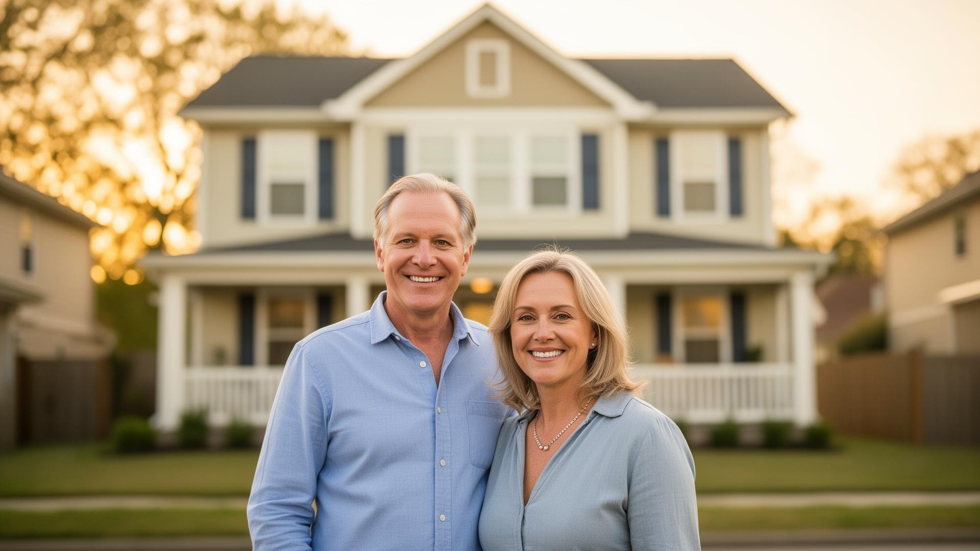 A landlord couple in front of their rental property